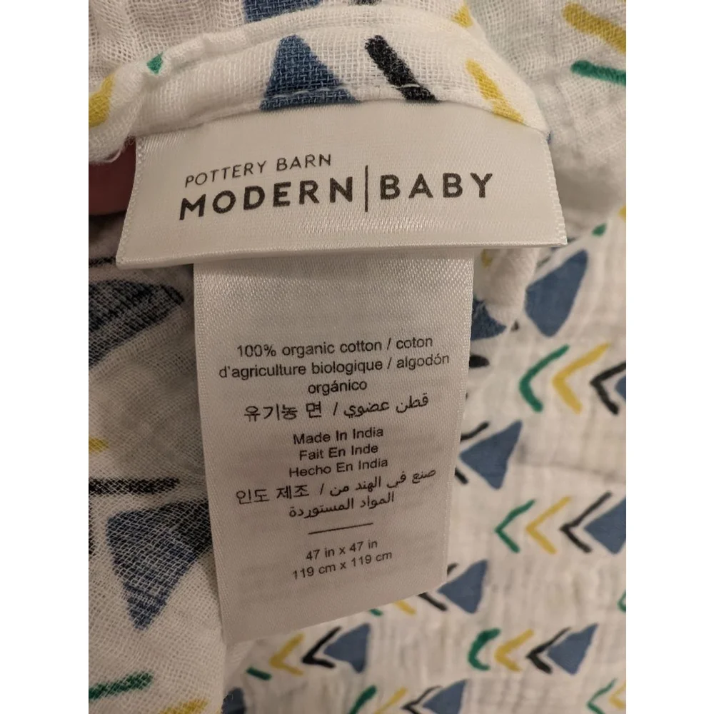 Baby Pottery Barn Modern Baby 47x47 White Blue Swaddle 100% Organic Cotton